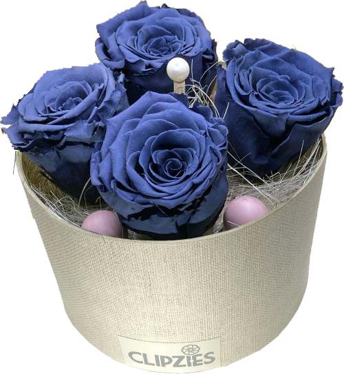 4 Rozen blauw in zandkleurige hoedendoos
