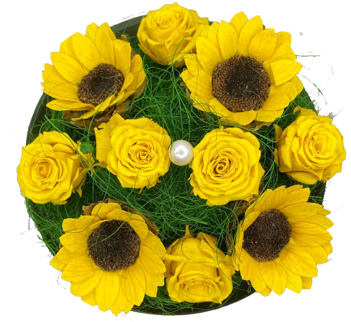 4 kleine zonnebloemen en 6 gele miniroosjes