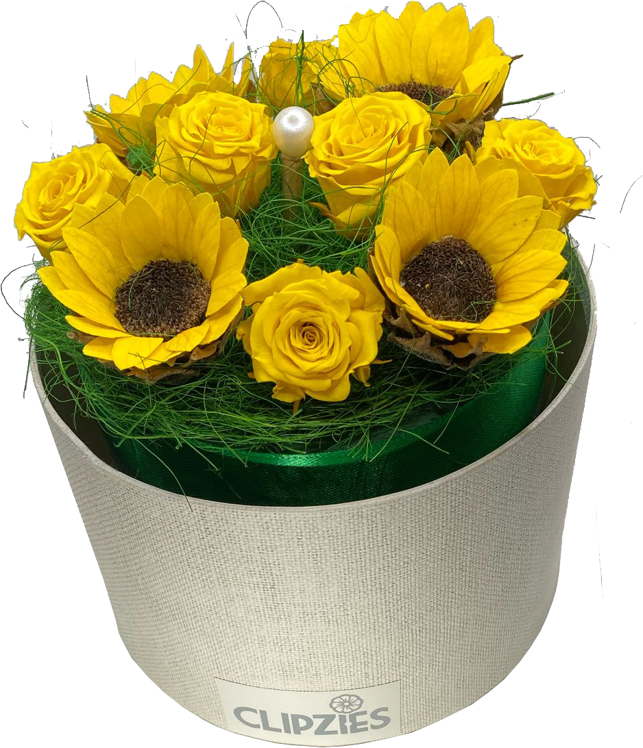 4 kleine zonnebloemen en 6 gele miniroosjes