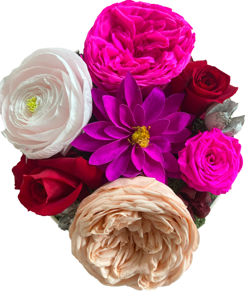 💖 Moederdag Bloementaartje: Ranonkel, Kabukyza en Dahlia met miniroosjes (longlife 12+ maanden)