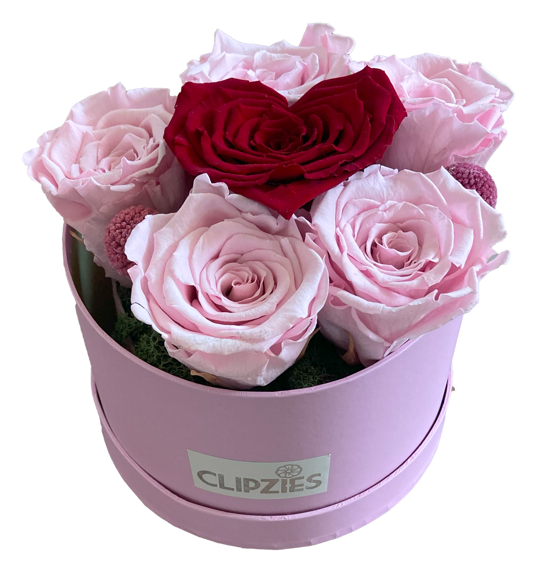 💖 Moederdag Bloementaartje: Hartvormige roos  met 5 Roze Rozen in Roze Hoedendoos (longlife 12+ maanden)